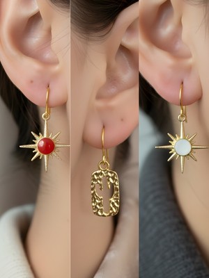 NKT Collection Beyaz Kutup Yıldızı Kaktüs Kırmızı Kutup Yıldızı Sembol Figürlü 3’lü Kadın Küpe Set