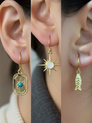 NKT Collection Beyaz Kutup Yıldızı Balık Tablet Kutup Yıldızı Sembol Figürlü 3’lü Kadın Küpe Set