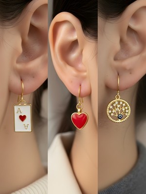 NKT Collection Hayat Ağacı Kırmızı Kalp Kupa As Sembol Figürlü 3’lü Kadın Küpe Set