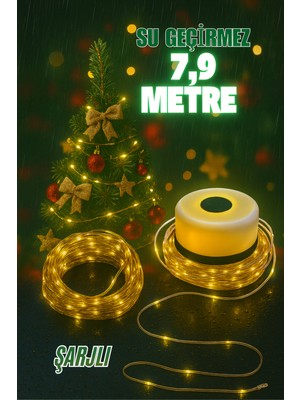 Ecuy Şarjlı Makaralı Su Geçirmez LED Işık Yılbaşı Iç ve Dış Mekan LED Işık Zinciri 79 +30 Ledli 8 Metre