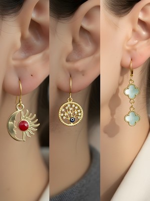 NKT Collection Turkuaz Yonca Hayat Ağacı Ay Güneş Sembol Figürlü 3’lü Kadın Küpe Set