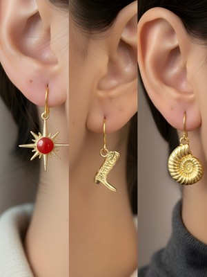 NKT Collection Kovboy Çizmesi Deniz Kabuğu Kırmızı Kutup Yıldızı Sembol Figürlü 3’lü Kadın Küpe Set