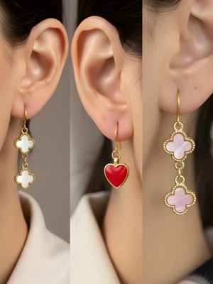 NKT Collection Pembe Yonca Beyaz Yonca Kırmızı Kalp Sembol Figürlü 3’lü Kadın Küpe Set