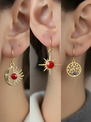 NKT Collection Kırmızı Kutup Yıldızı Hayat Ağacı Ay Güneş Sembol Figürlü 3’lü Kadın Küpe Set