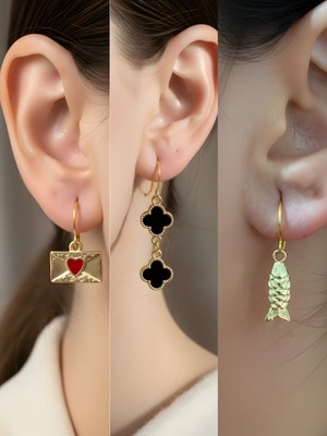 NKT Collection Balık Siyah Yonca Kalp Zarf Sembol Figürlü 3’lü Kadın Küpe Set