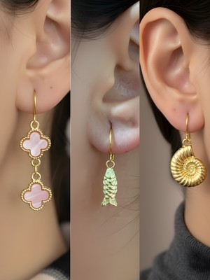 NKT Collection Balık Deniz Kabuğu Pembe Yonca Sembol Figürlü 3’lü Kadın Küpe Set