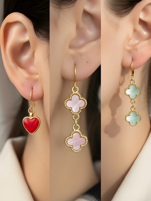 NKT Collection Pembe Yonca Turkuaz Yonca Kırmızı Kalp Sembol Figürlü 3’lü Kadın Küpe Set