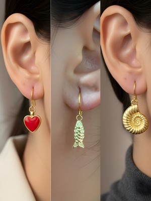 NKT Collection Balık Deniz Kabuğu Kırmızı Kalp Sembol Figürlü 3’lü Kadın Küpe Set