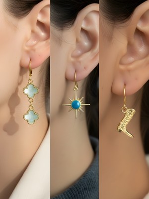 NKT Collection Kovboy Çizmesi Mavi Kutup Yıldızı Turkuaz Yonca Sembol Figürlü 3’lü Kadın Küpe Set