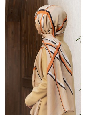 Vissona 100% Ipek Çizgi Desenli Bej - Taba Renkli Şal