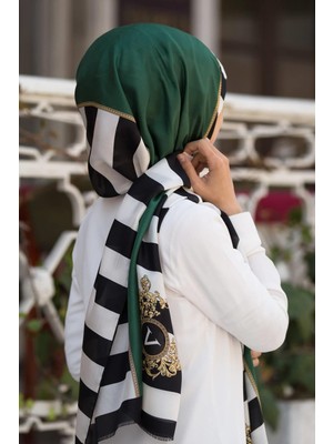 Vissona %100 Ipek Çizgili ve Varak Desenli Zümrüt Yeşili - Siyah Renkli 92X210 Şal