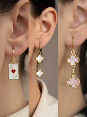 NKT Collection Pembe Yonca Beyaz Yonca Kupa As Sembol Figürlü 3’lü Kadın Küpe Set