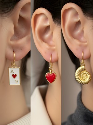 NKT Collection Deniz Kabuğu Kırmızı Kalp Kupa As Sembol Figürlü 3’lü Kadın Küpe Set