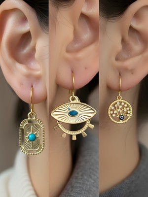 NKT Collection Göz Tablet Kutup Yıldızı Hayat Ağacı Sembol Figürlü 3’lü Kadın Küpe Set