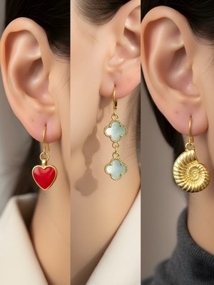 NKT Collection Deniz Kabuğu Turkuaz Yonca Kırmızı Kalp Sembol Figürlü 3’lü Kadın Küpe Set