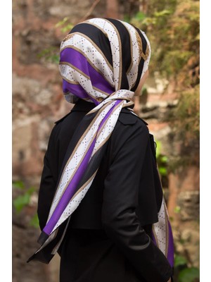 Vissona 100% Ipek Kemer Desenli Mor - Siyah Renkli Şal