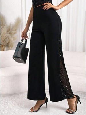 Mç Plus Kadın Yüksek Bel Yanlardan Tül Detaylı Ithal Krep Pantolon