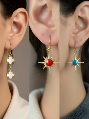 NKT Collection Mavi Kutup Yıldızı Beyaz Yonca Kırmızı Kutup Yıldızı Sembol Figürlü 3’lü Kadın Küpe Set