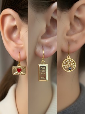 NKT Collection Hayat Ağacı Külçe Altın Kalp Zarf Sembol Figürlü 3’lü Kadın Küpe Set