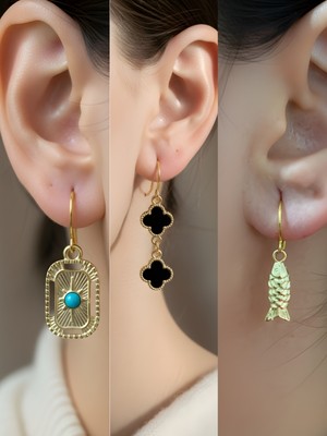 NKT Collection Balık Siyah Yonca Tablet Kutup Yıldızı Sembol Figürlü 3’lü Kadın Küpe Set