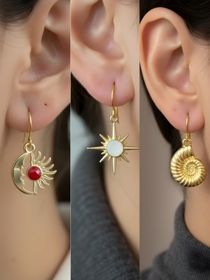 NKT Collection Beyaz Kutup Yıldızı Deniz Kabuğu Ay Güneş Sembol Figürlü 3’lü Kadın Küpe Set