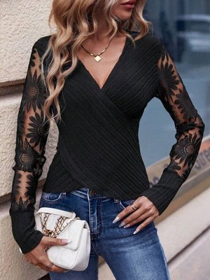 Aesco Kadın Uzun Kollu Kruvaze Yakalı Şardonlu Kaşkorse Bluz