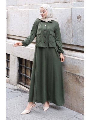 Fitilli Düğmeli Ceket Elbise Tesettür Takım 0219-03 Haki
