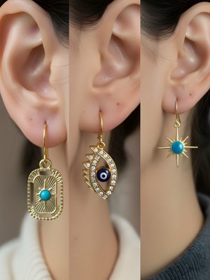 NKT Collection Mavi Kutup Yıldızı Tablet Kutup Yıldızı Nazar Göz Sembol Figürlü 3’lü Kadın Küpe Set