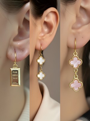 NKT Collection Pembe Yonca Beyaz Yonca Külçe Altın Sembol Figürlü 3’lü Kadın Küpe Set