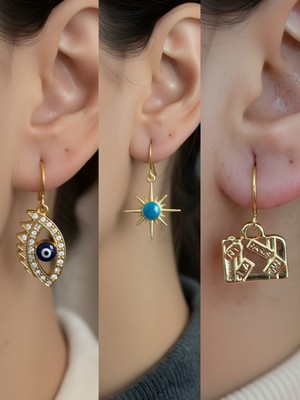 NKT Collection Bavul Mavi Kutup Yıldızı Nazar Göz Sembol Figürlü 3’lü Kadın Küpe Set