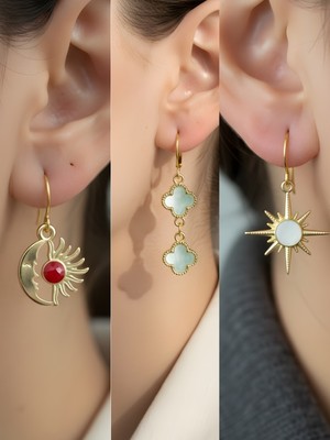 NKT Collection Beyaz Kutup Yıldızı Turkuaz Yonca Ay Güneş Sembol Figürlü 3’lü Kadın Küpe Set