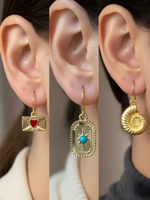 NKT Collection Deniz Kabuğu Tablet Kutup Yıldızı Kalp Zarf Sembol Figürlü 3’lü Kadın Küpe Set