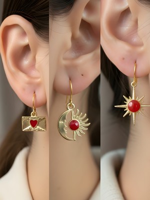 NKT Collection Kırmızı Kutup Yıldızı Ay Güneş Kalp Zarf Sembol Figürlü 3’lü Kadın Küpe Set