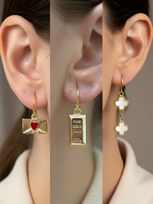 NKT Collection Beyaz Yonca Külçe Altın Kalp Zarf Sembol Figürlü 3’lü Kadın Küpe Set