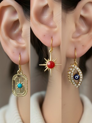 NKT Collection Tablet Kutup Yıldızı Kırmızı Kutup Yıldızı Nazar Göz Sembol Figürlü 3’lü Kadın Küpe Set