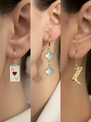 NKT Collection Kovboy Çizmesi Turkuaz Yonca Kupa As Sembol Figürlü 3’lü Kadın Küpe Set