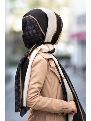 Vissona 100% Ipek Geometrik Desenli Beyaz - Siyah Renkli Şal