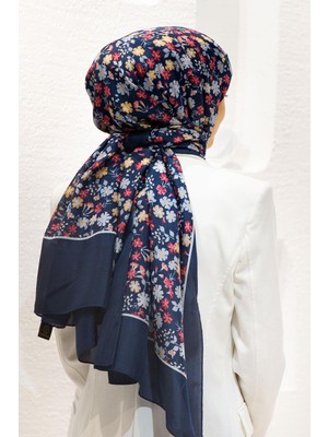 Vissona %100 Ipek Çıtır Çiçek Desenli Lacivert Renkli 92X210 Şal