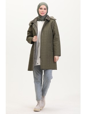 Büyük Beden Kapüşonlu Kapitone Mont 6132-02 Haki