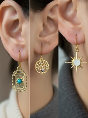 NKT Collection Beyaz Kutup Yıldızı Tablet Kutup Yıldızı Hayat Ağacı Sembol Figürlü 3’lü Kadın Küpe Set