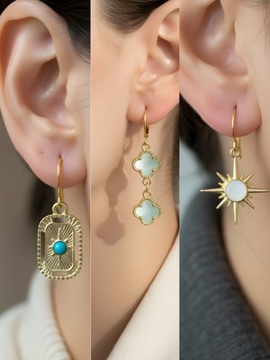 NKT Collection Beyaz Kutup Yıldızı Turkuaz Yonca Tablet Kutup Yıldızı Sembol Figürlü 3’lü Kadın Küpe Set