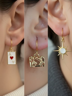 NKT Collection Beyaz Kutup Yıldızı Bavul Kupa As Sembol Figürlü 3’lü Kadın Küpe Set