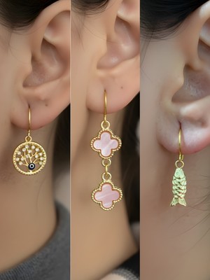 NKT Collection Balık Pembe Yonca Hayat Ağacı Sembol Figürlü 3’lü Kadın Küpe Set