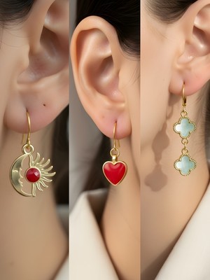 NKT Collection Turkuaz Yonca Kırmızı Kalp Ay Güneş Sembol Figürlü 3’lü Kadın Küpe Set