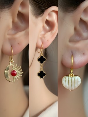 NKT Collection Beyaz Kalp Siyah Yonca Ay Güneş Sembol Figürlü 3’lü Kadın Küpe Set