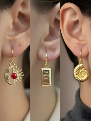 NKT Collection Deniz Kabuğu Külçe Altın Ay Güneş Sembol Figürlü 3’lü Kadın Küpe Set