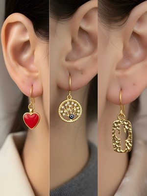 NKT Collection Kaktüs Hayat Ağacı Kırmızı Kalp Sembol Figürlü 3’lü Kadın Küpe Set