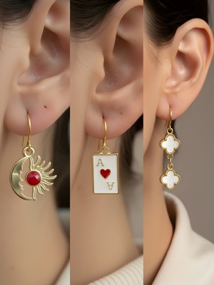 NKT Collection Beyaz Yonca Kupa As Ay Güneş Sembol Figürlü 3’lü Kadın Küpe Set