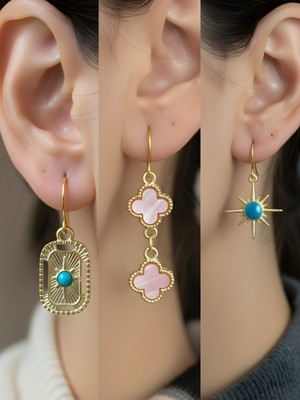 NKT Collection Mavi Kutup Yıldızı Pembe Yonca Tablet Kutup Yıldızı Sembol Figürlü 3’lü Kadın Küpe Set