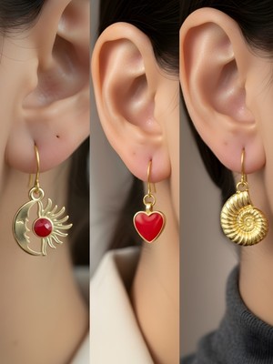 NKT Collection Deniz Kabuğu Kırmızı Kalp Ay Güneş Sembol Figürlü 3’lü Kadın Küpe Set